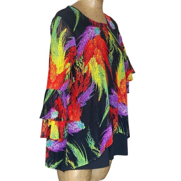 Calessa Colorful BOHO Layered Top Bell Ruffle Sleeve Sz L Feather Print #342D - Picture 3 of 8
